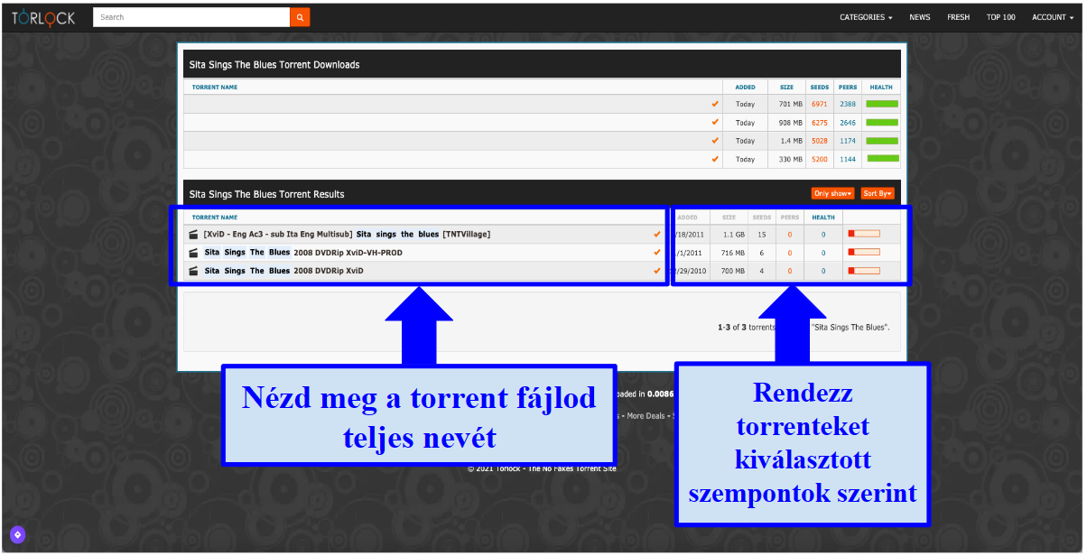 Screenshot of Torlock's interce showing torrenting files and their ranking
