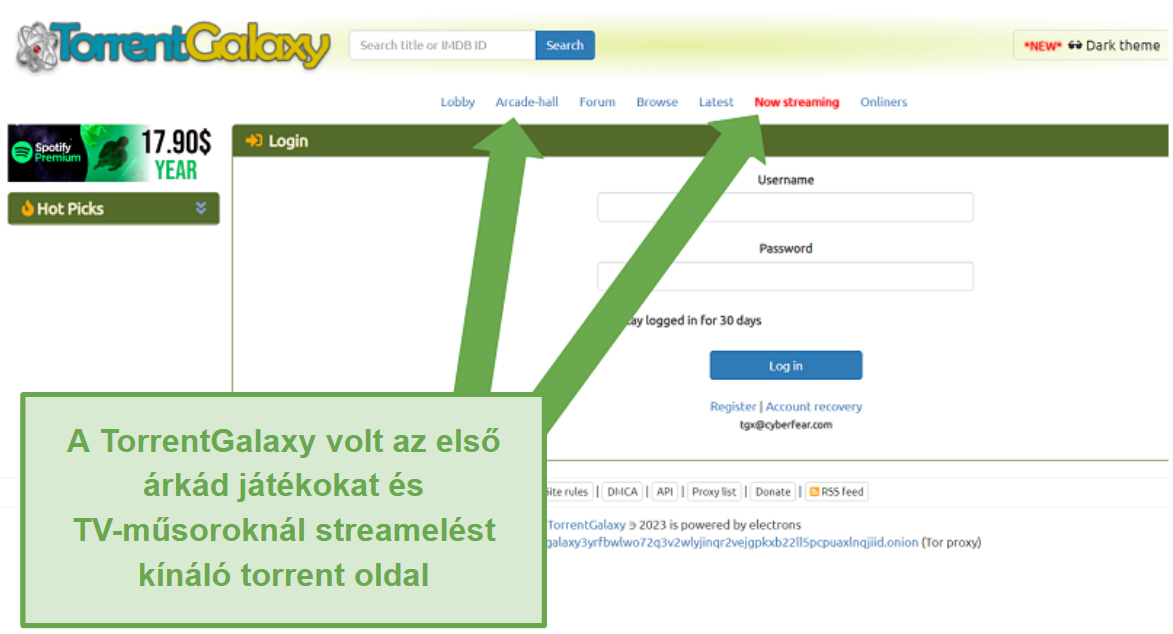 Torrent Galaxy's site displaying different page options, including 'Arcade Hall' and 'Now Streaming'