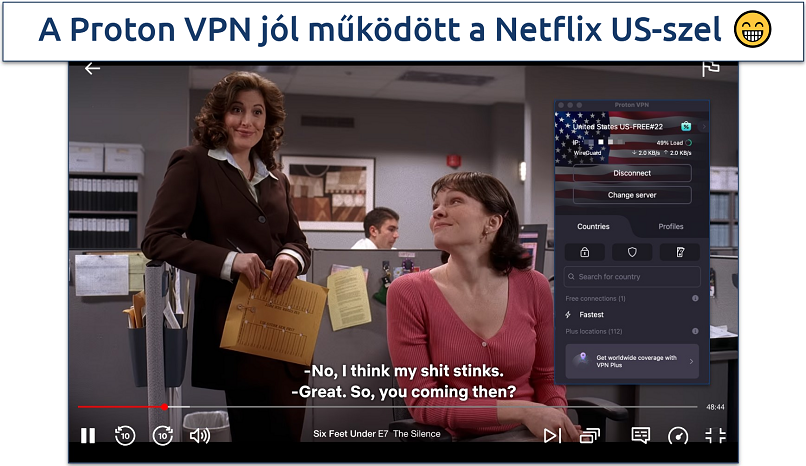 Képernyőfotó a Sírhant művek streameléséről a Netflix US-en, Proton VPN-hez csatlakozva