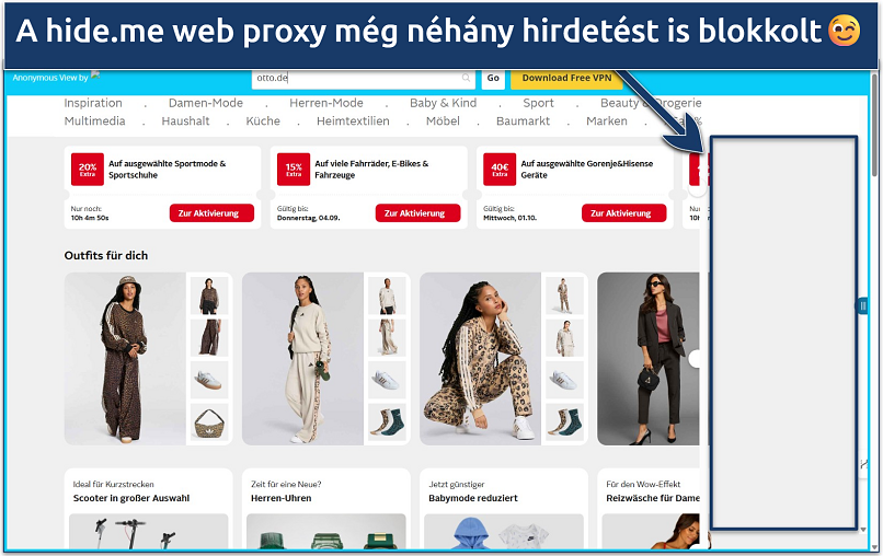 Screenshot of the Otto.de marketplace loaded via the hide.me web proxy