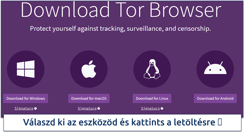 Screenshot of the official Tor Project download page showing platform options for Windows, macOS, Linux, and Android