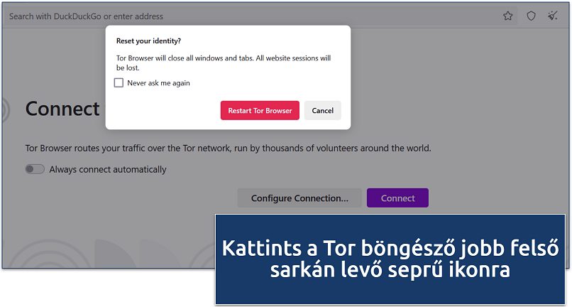 Screenshot of Tor Browser’s reset identity prompt showing the option to restart the browser