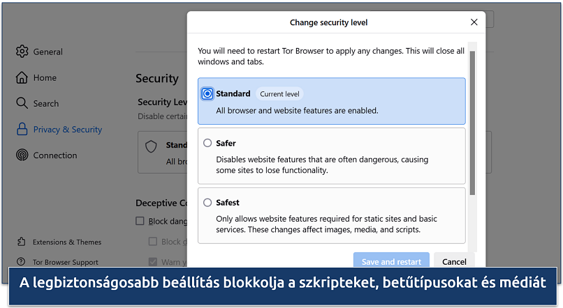 Screenshot of Tor Browser’s security settings