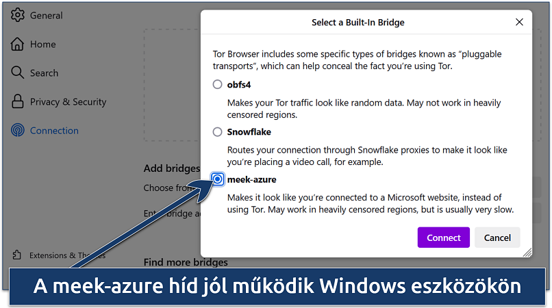 Screenshot of Tor Browser’s bridge selection window with meek-azure highlighted as the chosen option