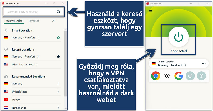 Screenshots of the ExpressVPN Windows app with an active connection to the Germany - Frankfurt - 3 server