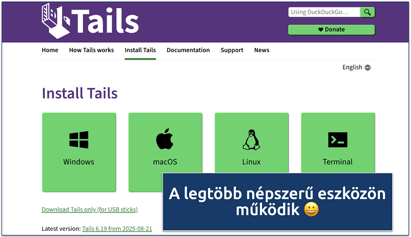 Screenshot of the Tails OS installation page showing options for Windows, macOS, Linux, and Terminal